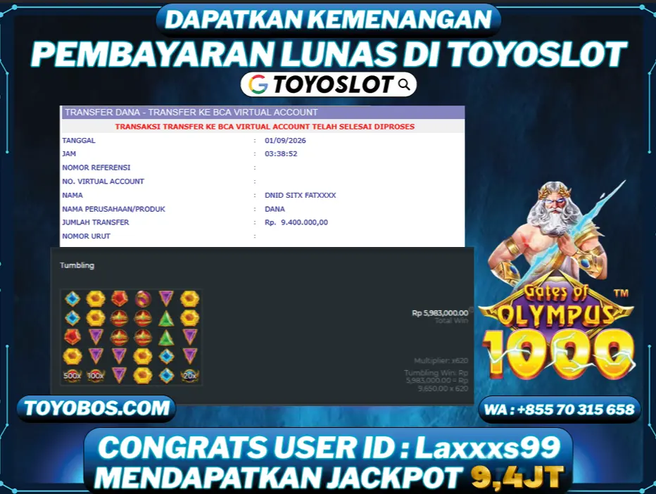 TOYOSLOT - BUKTI KEMENANGAN GATES OF OLYMPUS 1000 Rp9,400,000,- LUNAS